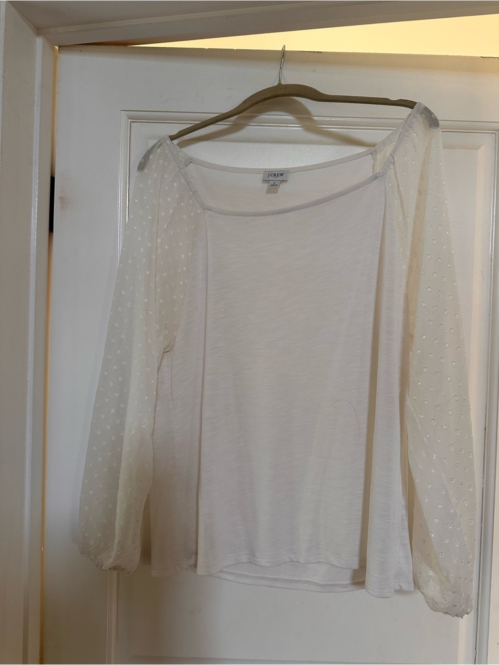J. Crew Ivory Sheer Dot Sleeve Boatneck Top Size Large